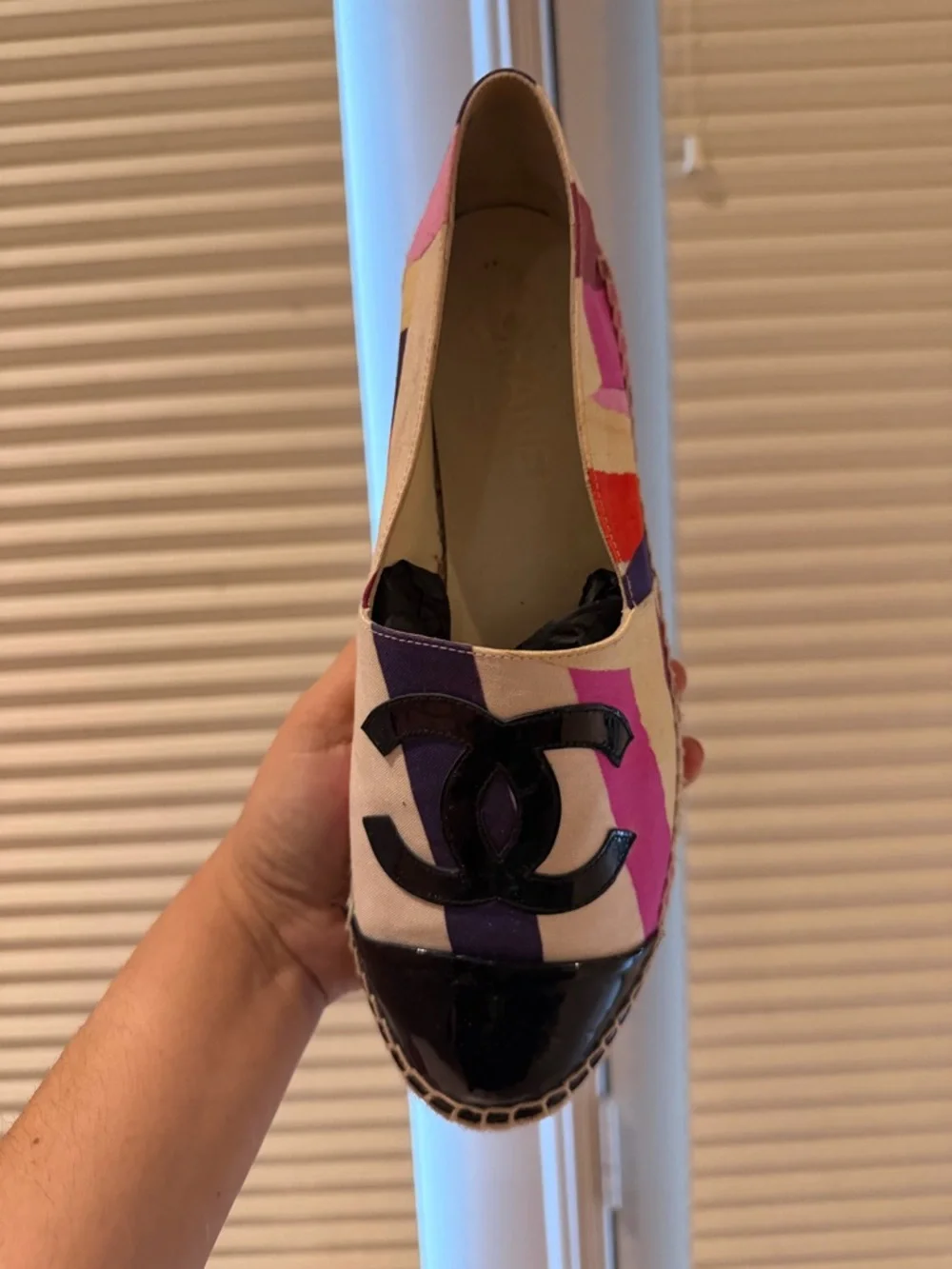 Authentic Chanel Multicolor Fabric Espadrilles Patent Black Toe Flat Size 39 - Picture 8 of 14